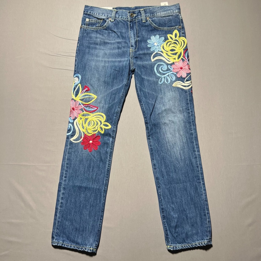 Dondup Women's Blue Floral Embroidered Ricamo Sorrento‎ Straight Jeans Size 25